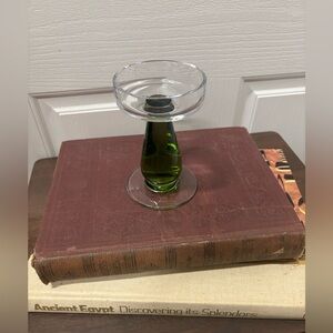 Glass Candle Holder Clear Bowl Green Stem
